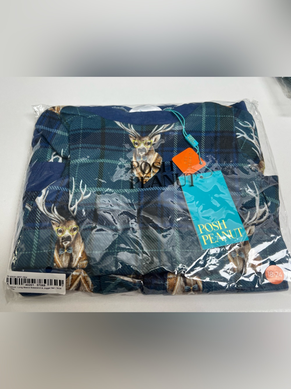 Posh Peanut Beckford Navy & Teal Plaid Deer sweatsuit size 18-24m